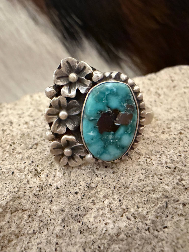 White Water Turquoise Decorative Floral Navajo Style Adj Matte Sterling Ring